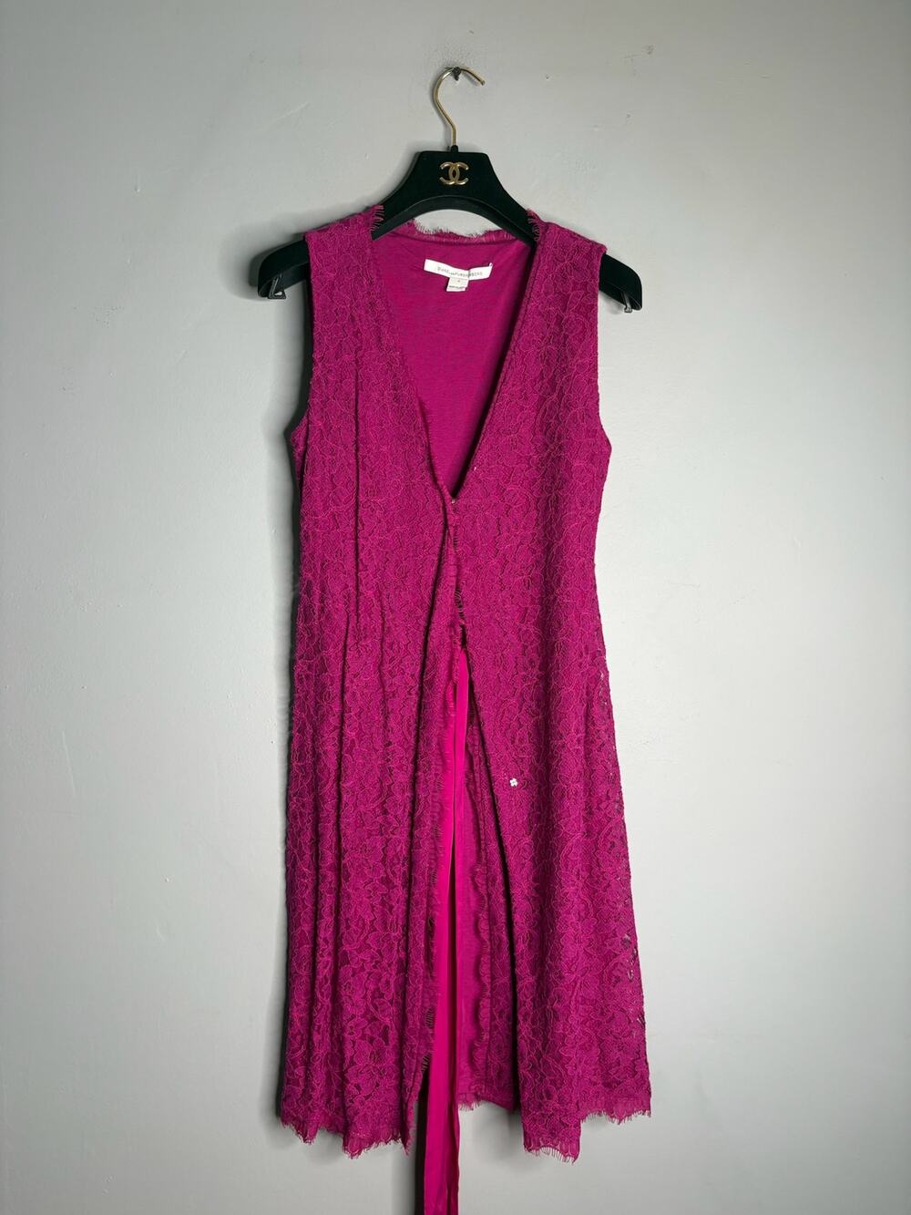 Diane Von Furstenberg Magenta Pink Lace Sleeveless Maxi Dress Tie Belt Size 4